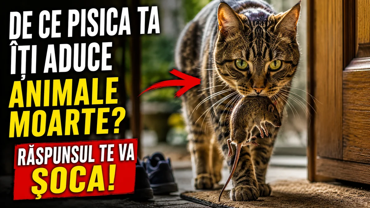 Pisică ținând un șoarece în gură lângă ușa casei